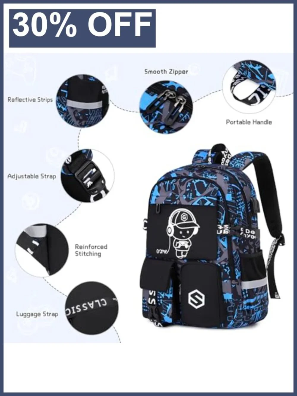 Kids Luminous School Backpack with Lunch Bag, Pencil Case, USB Port, Waterproof